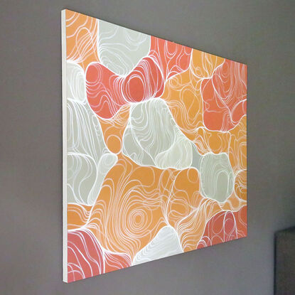 An abstract artwork wth large curved cell-like shapes in warm peach hues and with concentric white lines delineating the forms.