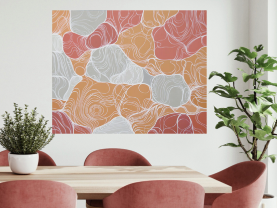 An abstract artwork wth large curved cell-like shapes in warm peach hues and with concentric white lines delineating the forms.