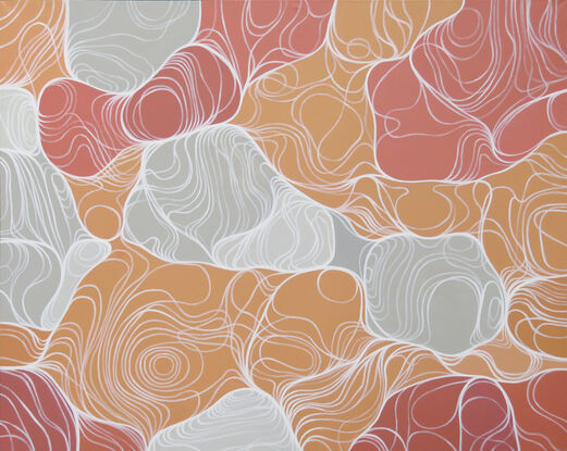 An abstract artwork wth large curved cell-like shapes in warm peach hues and with concentric white lines delineating the forms.