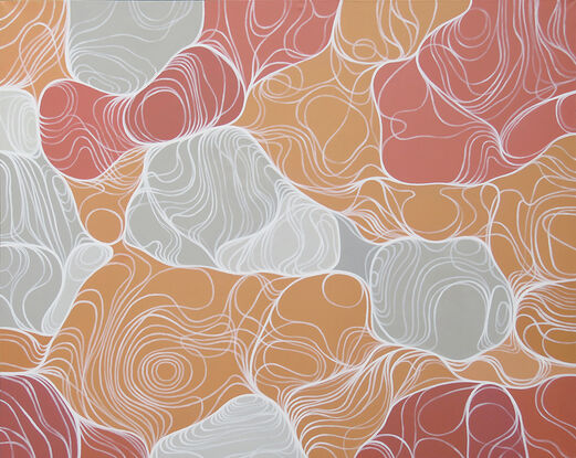 An abstract artwork wth large curved cell-like shapes in warm peach hues and with concentric white lines delineating the forms.