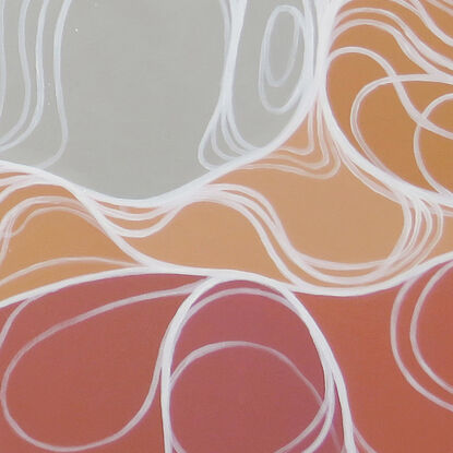 An abstract artwork wth large curved cell-like shapes in warm peach hues and with concentric white lines delineating the forms.