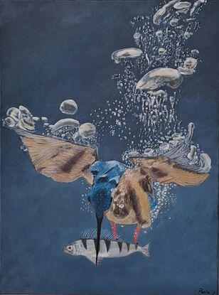 A blue and ochre kingfisher diving underwater and capturing a fish while bubbles float to the surface (some of them in relief)