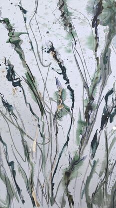 An abstract of wild grass and leaves in dark green, olive green and sage green with metallic gold leaf.  