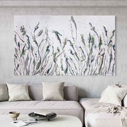 An abstract of wild grass and leaves in dark green, olive green and sage green with metallic gold leaf.  