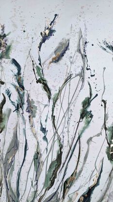 An abstract of wild grass and leaves in dark green, olive green and sage green with metallic gold leaf.  