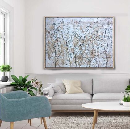 This elegant floral artwork features large intricate blooms and several unopened buds intersperse the full flowers in olive green, grey blue and brown with beige and cream