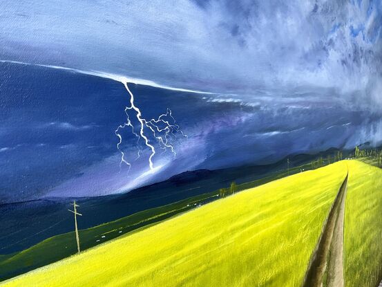 Farm Yellow fields and lightning storm 