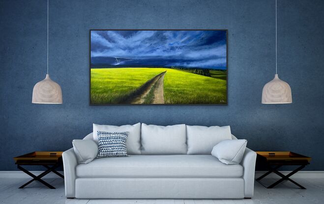 Farm Yellow fields and lightning storm 