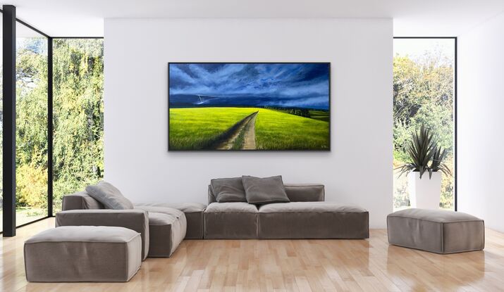 Farm Yellow fields and lightning storm 