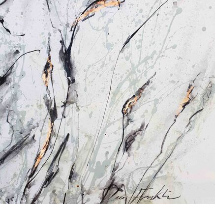 A large abstract painting of the Australian indigenous plants and wild grass in pale grey, brown, copper and white.