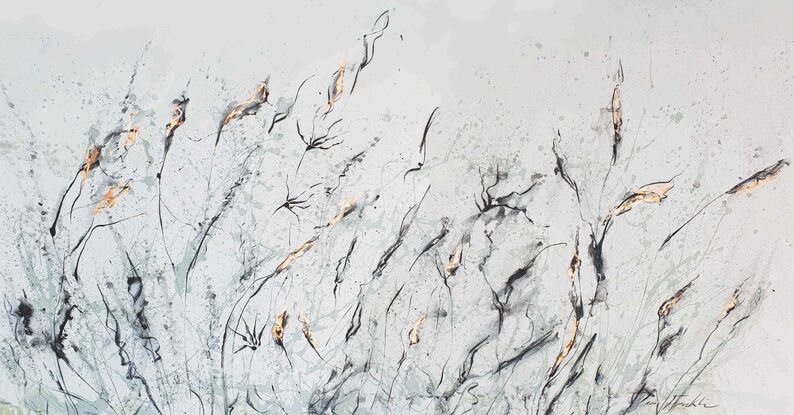 A large abstract painting of the Australian indigenous plants and wild grass in pale grey, brown, copper and white.