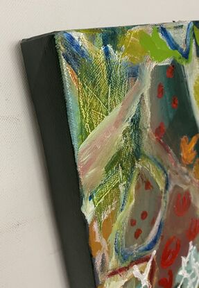 A rough textured painting with predominantly soothing greens punctuated by pops of colour red, orange and white. Highlighted are larger white botanical shapes depicting lichen