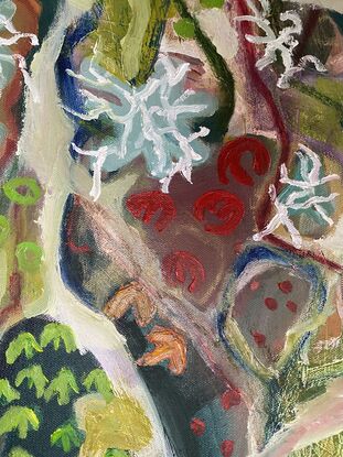 A rough textured painting with predominantly soothing greens punctuated by pops of colour red, orange and white. Highlighted are larger white botanical shapes depicting lichen