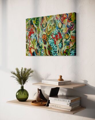 A rough textured painting with predominantly soothing greens punctuated by pops of colour red, orange and white. Highlighted are larger white botanical shapes depicting lichen