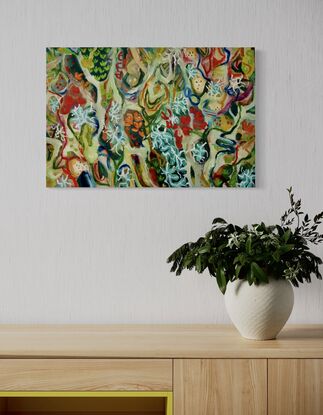 A rough textured painting with predominantly soothing greens punctuated by pops of colour red, orange and white. Highlighted are larger white botanical shapes depicting lichen