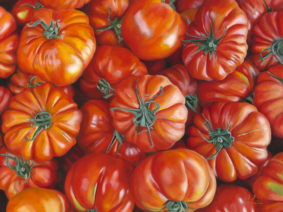 A close-up of quirkily shaped heirloom tomatoes from the markets. 