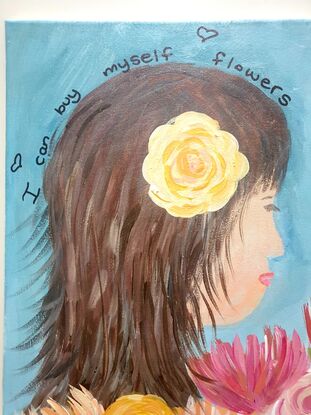 1  portrait of a lady eyes closed, side view  holding bouquet painting by Wendy joy art 