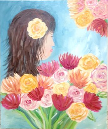 1  portrait of a lady eyes closed, side view  holding bouquet painting by Wendy joy art 