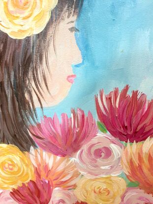 1  portrait of a lady eyes closed, side view  holding bouquet painting by Wendy joy art 