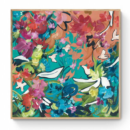 large colourful abstract canvas print of a tropical inspires flower garden landscape with colourful flowers and white birds.