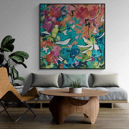 large colourful abstract canvas print of a tropical inspires flower garden landscape with colourful flowers and white birds.