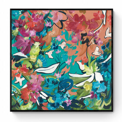 large colourful abstract canvas print of a tropical inspires flower garden landscape with colourful flowers and white birds.