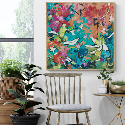 large colourful abstract canvas print of a tropical inspires flower garden landscape with colourful flowers and white birds.