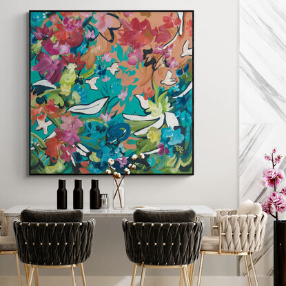 large colourful abstract canvas print of a tropical inspires flower garden landscape with colourful flowers and white birds.