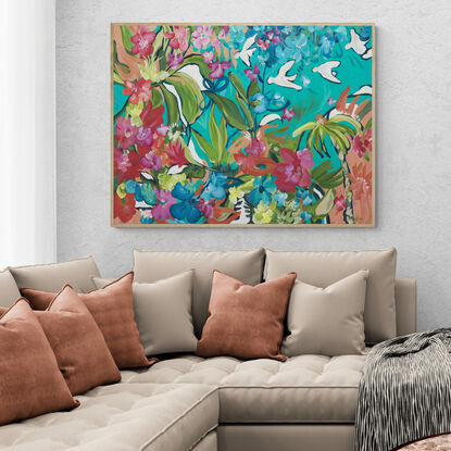 large colourful abstract canvas print of a tropical inspired flower garden landscape with colourful flowers and white birds.