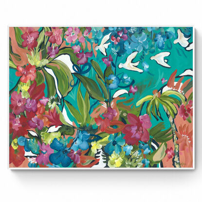 large colourful abstract canvas print of a tropical inspired flower garden landscape with colourful flowers and white birds.