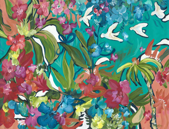 large colourful abstract canvas print of a tropical inspired flower garden landscape with colourful flowers and white birds.