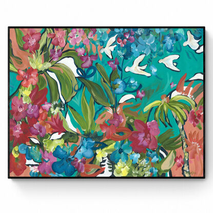 large colourful abstract canvas print of a tropical inspired flower garden landscape with colourful flowers and white birds.