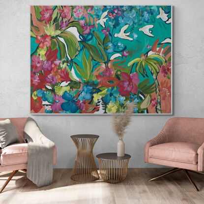 large colourful abstract canvas print of a tropical inspired flower garden landscape with colourful flowers and white birds.