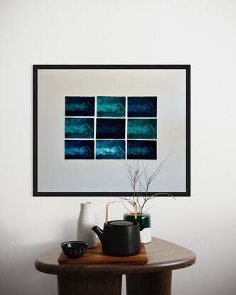 Ferns underwater, green, blue, deep rich colours, 6 x panels printed on paper with deckled edges. Relaxing, soothing, meditative. Mounted not framed.