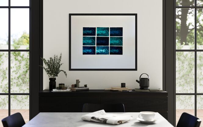 Ferns underwater, green, blue, deep rich colours, 6 x panels printed on paper with deckled edges. Relaxing, soothing, meditative. Mounted not framed.