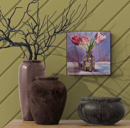  A still-life, with bold brushstrokes in modern interior style, of three pink tulips in a see-through purple square glass vase against a bluish tinged backdrop on a lighter coloured foreground. 