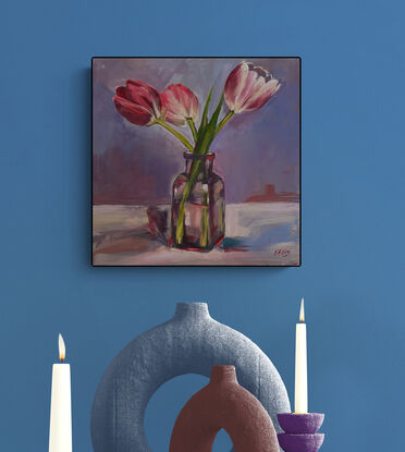  A still-life, with bold brushstrokes in modern interior style, of three pink tulips in a see-through purple square glass vase against a bluish tinged backdrop on a lighter coloured foreground. 