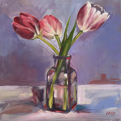  A still-life, with bold brushstrokes in modern interior style, of three pink tulips in a see-through purple square glass vase against a bluish tinged backdrop on a lighter coloured foreground. 