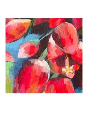 A 30x30cm acrylic on board painting titled "Flouncing Flowers" by artist Ella Evans. The artwork depicts striking, bell-shaped red flowers set against a bright, cerulean blue sky. Interspersed throughout are delicate, pale sections of a succulent plant, adding texture and contrast. The composition captures the vibrancy of the red flowers against the serene blue background, showcasing the artist's meticulous attention to detail and mastery of color.