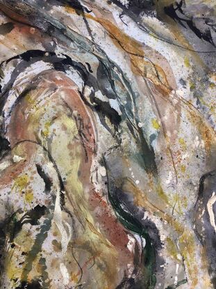 A large painting of a shell close up  copper, red, bronze, khaki, burnt orange, pale terracotta, beige, black and white.