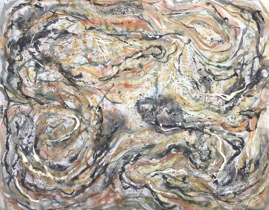 A large painting of a shell close up  copper, red, bronze, khaki, burnt orange, pale terracotta, beige, black and white.