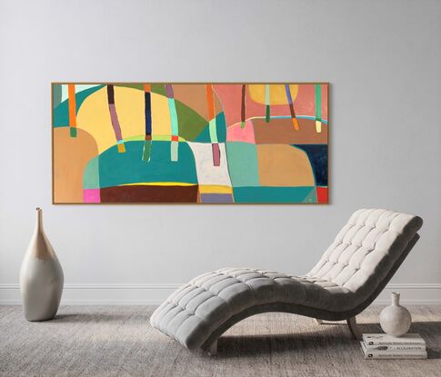 This is where I imagine Piet Mondrian  would enjoy a country holiday. He has become a little less uptight and more relaxed after his stay. The stretched canvas is extra long at 220 x 95 cm and has been custom made, by a craftsman in Australia, and is of the finest quality. Thank you for interest.
Abstract landscape of curved hills and textured tree shapes.