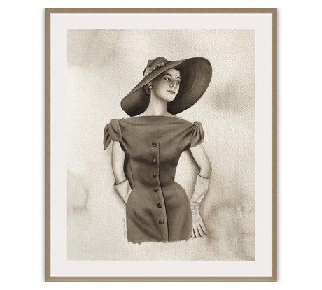 Watercolour of a 1950's lady wearing a beautiful dress