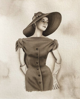 Watercolour of a 1950's lady wearing a beautiful dress