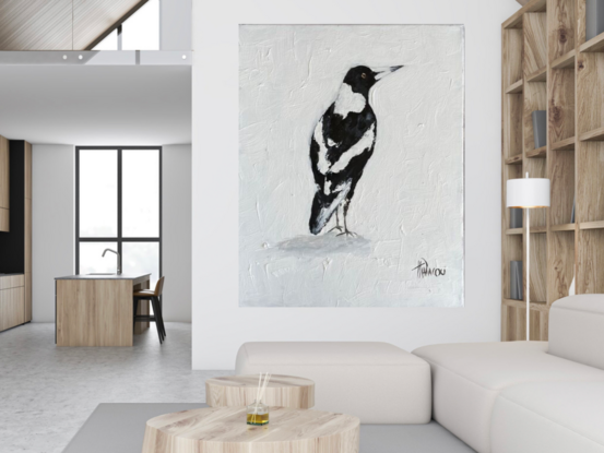  Figurative painting featuring a magpie