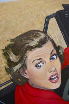 pulp retro scared woman convertible sports car