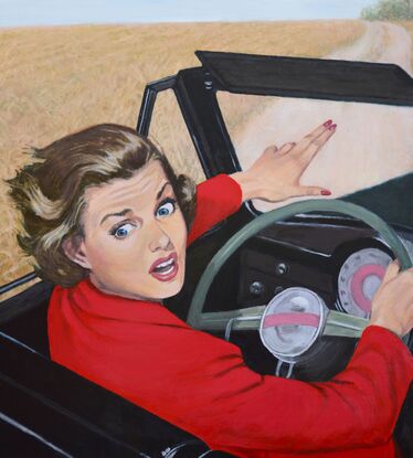 pulp retro scared woman convertible sports car