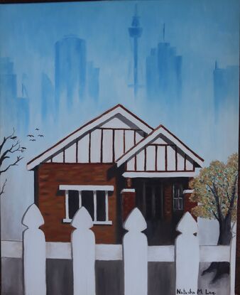 The Australian dream of owning a house with a white picket fence and as a bonus to have a nice outlook such as views of the city. The painting captures that aspiration with a suburban bungalow.