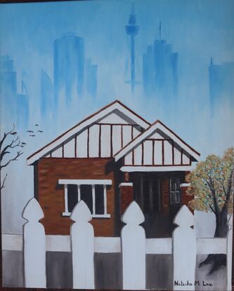 The Australian dream of owning a house with a white picket fence and as a bonus to have a nice outlook such as views of the city. The painting captures that aspiration with a suburban bungalow.