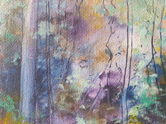 Framed miniature oil painting in purple and blues with mustard, of a sunlit sapling forest with dense understory scrub. By Victoria Collins. Frame is solid wood, dark toned. 